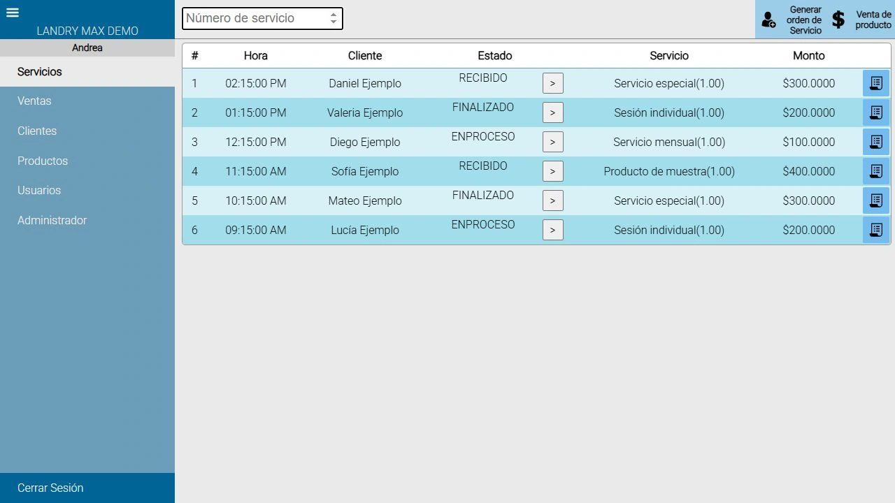 Órdenes de servicio. Demostración con datos ficticios.